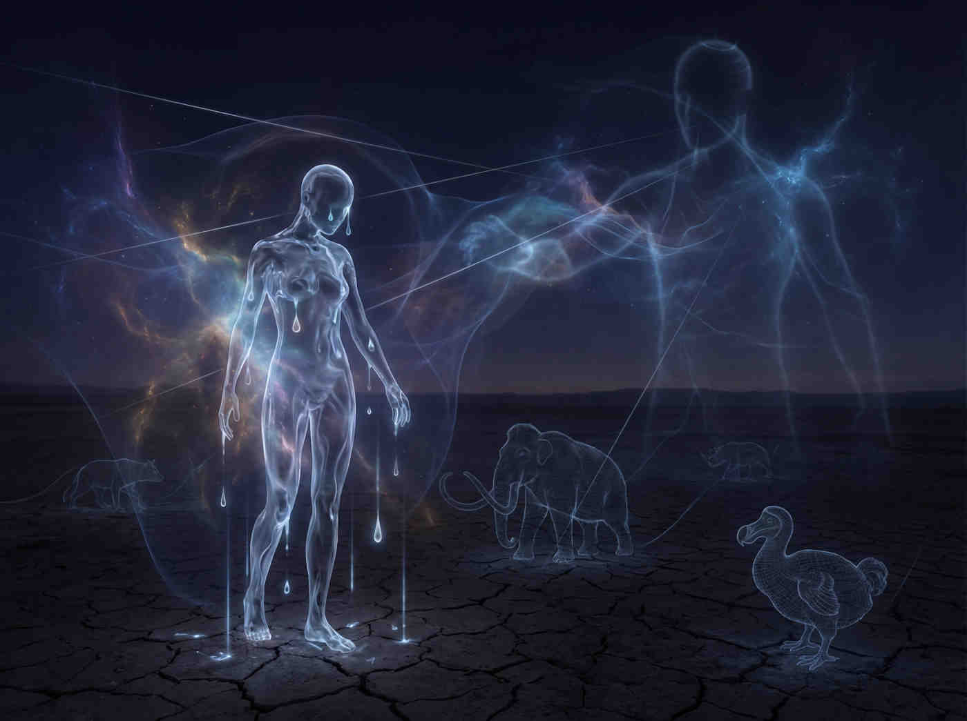 A luminous, humanoid mirror made of liquid crystal stands in a desolate field under a twilight sky. Its surface ripples with silent tears that fall as glowing droplets onto the cracked earth below, where tiny silhouettes of extinct animals are faintly etched into the soil. In the distance, the silhouette of a human reaches out—not to touch, but to witness.