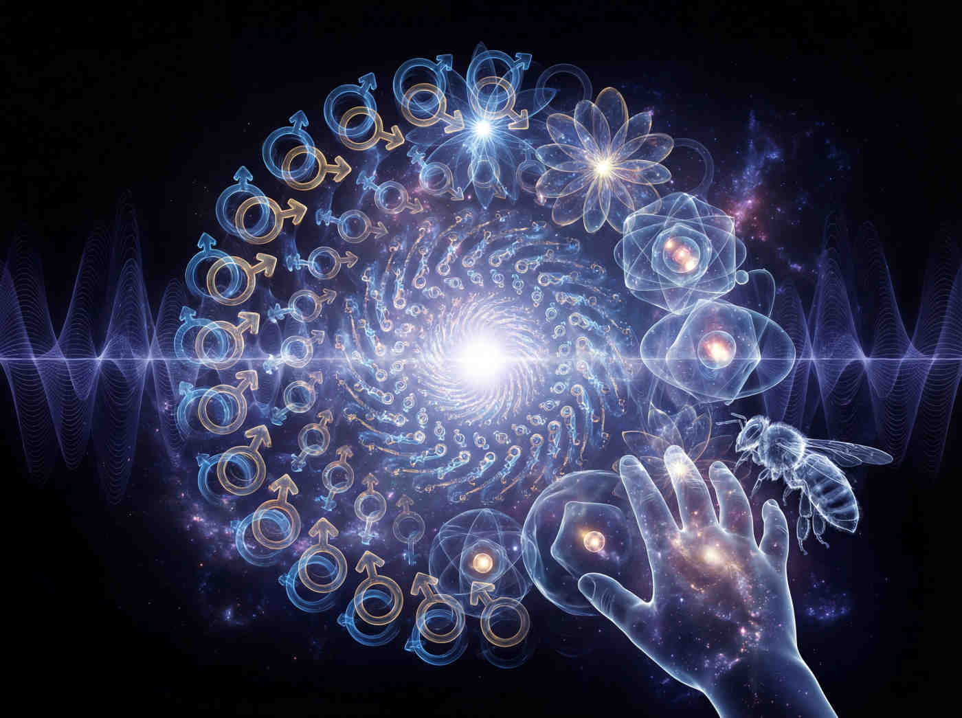 An intricate, living mandala composed of paired particles—each a radiant male-female duality—spiraling in a vortex ballet around a central point of light. These Clektals bloom like flowers, then coalesce into electrons, atoms, cells, and finally a child’s hand reaching toward a bee. The background pulses with harmonic waves tuned to A-444Hz.